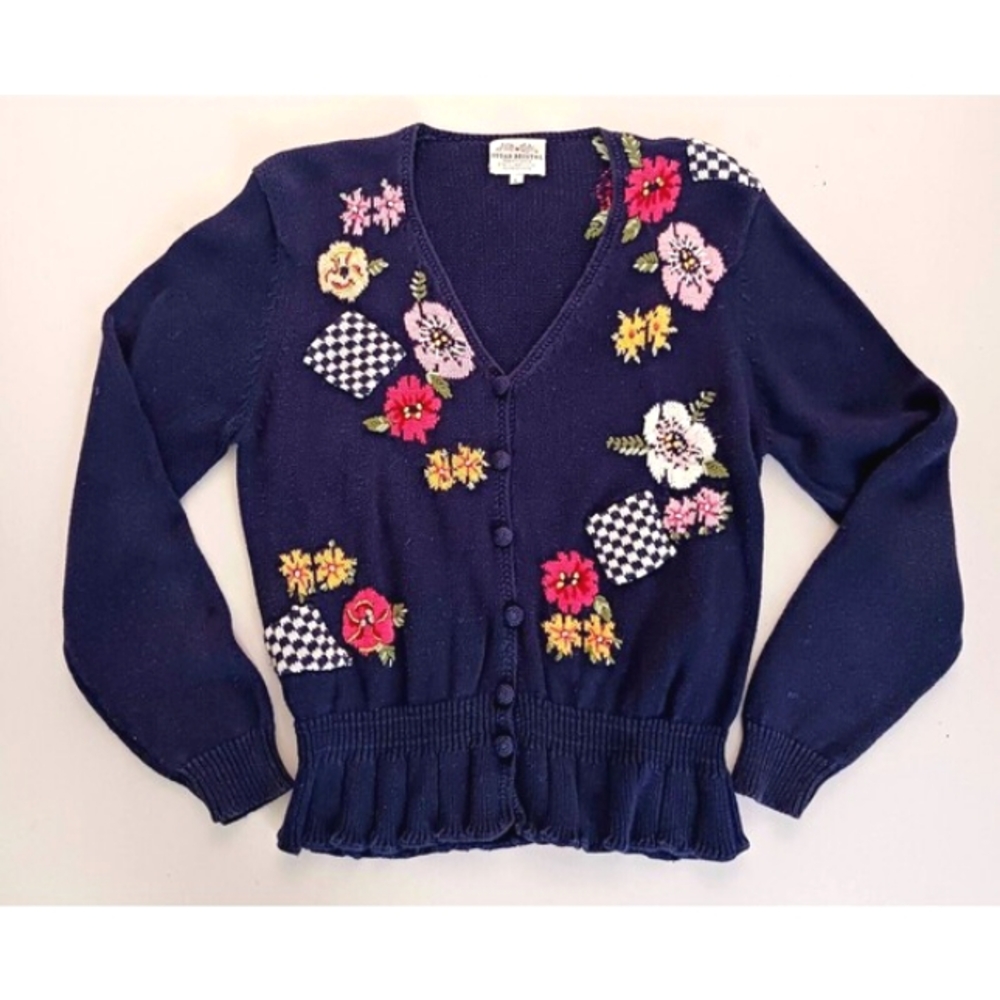 VTG 90s Susan Bristol Hand Embroidered Navy Cotton Cardigan Made Hong Kong Sz L